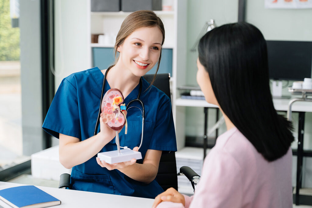 Portrait of female doctor explaining diagnosis to her patient. Doctor Meeting With Patient In Exam Room. A medical practitioner reassuring a patient in hospital